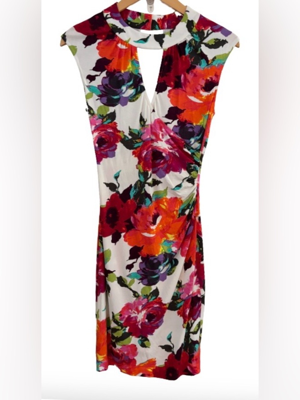 Cache Y2K multi flrl bodycon slvlss faux wrp Drss WM M dopamine colorful